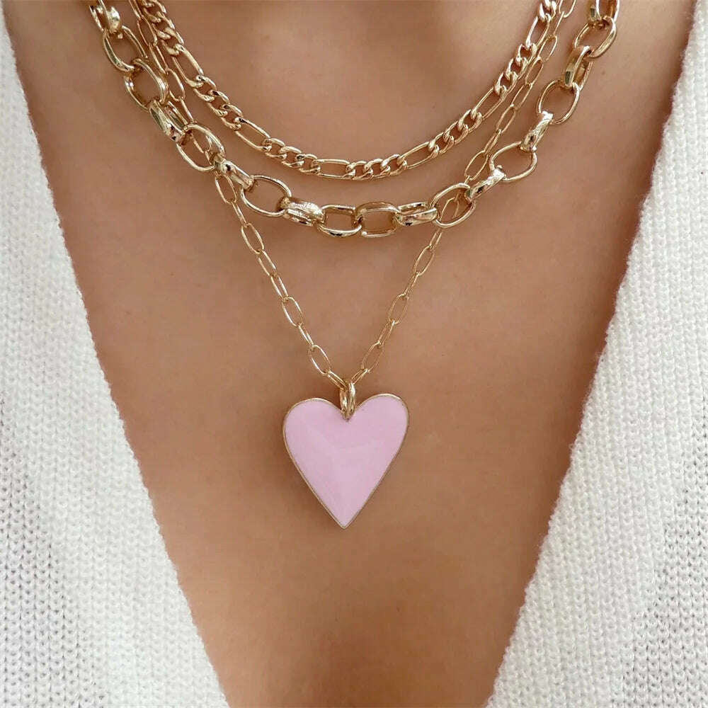 Vintage Color Heart Pendant Pearl Necklace For Women Girls Fashion Gold-plate Chain Choker Necklaces 2023 New Trend Jewelry - KIMLUD