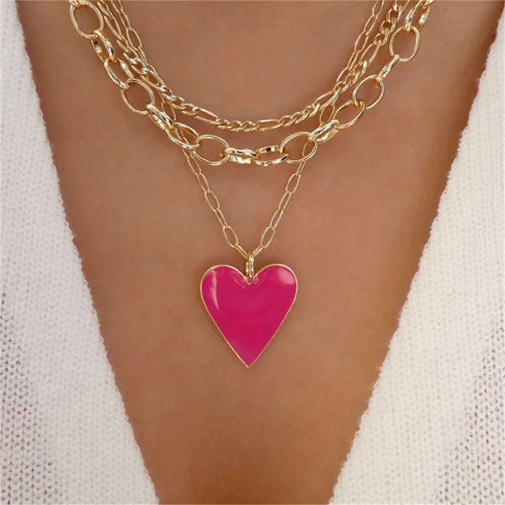 Vintage Color Heart Pendant Pearl Necklace For Women Girls Fashion Gold-plate Chain Choker Necklaces 2023 New Trend Jewelry - KIMLUD