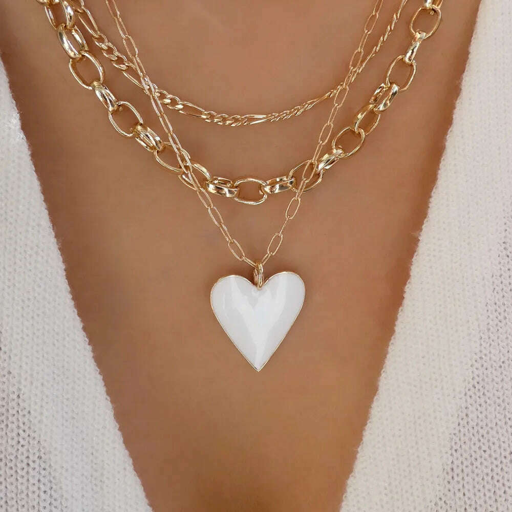Vintage Color Heart Pendant Pearl Necklace For Women Girls Fashion Gold-plate Chain Choker Necklaces 2023 New Trend Jewelry - KIMLUD