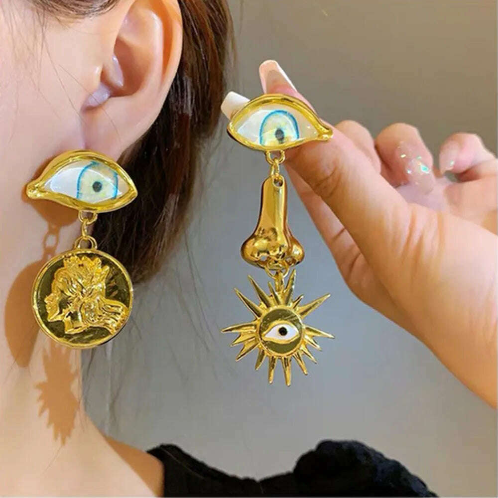 KIMLUD, Vintage Ethnic Irregular Golden Eyes Charms Dangle Earrings For Women Fashion Jewelry Baroque Style Lady Ears' Accessories, KIMLUD Womens Clothes