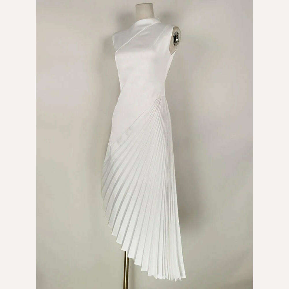 VKBN News Party Evening Dresses Women Casual Off The Shoulder Sleeveless O-Neck Red Banquet Folds Wedding Dresses for Female - KIMLUD
