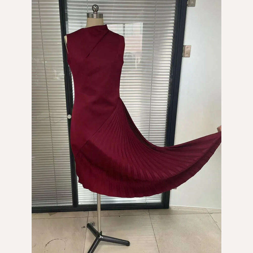 VKBN News Party Evening Dresses Women Casual Off The Shoulder Sleeveless O-Neck Red Banquet Folds Wedding Dresses for Female - KIMLUD