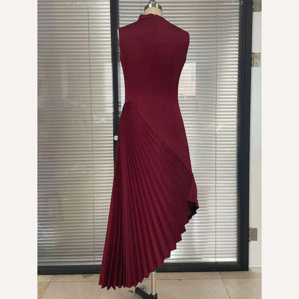 KIMLUD, VKBN News Party Evening Dresses Women Casual Off The Shoulder Sleeveless O-Neck Red Banquet Folds Wedding Dresses for Female, KIMLUD Womens Clothes