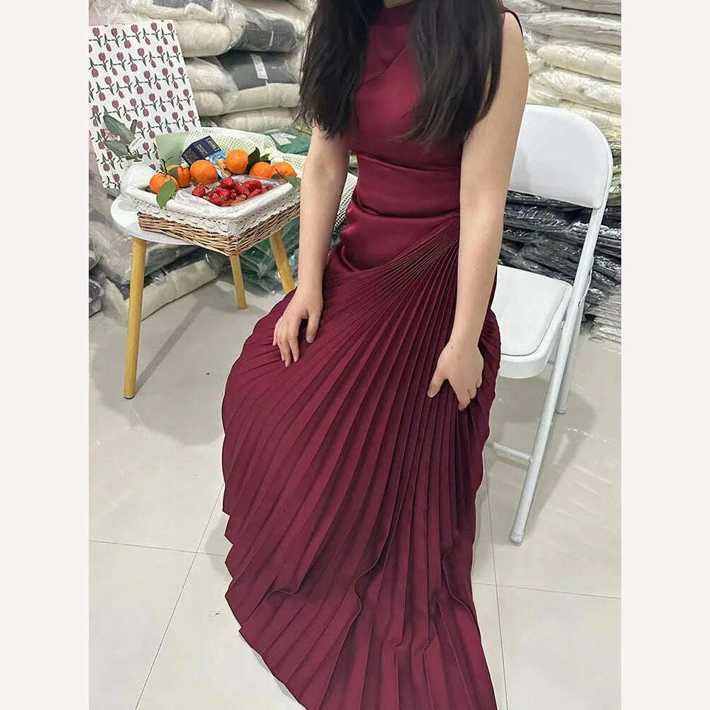 VKBN News Party Evening Dresses Women Casual Off The Shoulder Sleeveless O-Neck Red Banquet Folds Wedding Dresses for Female - KIMLUD