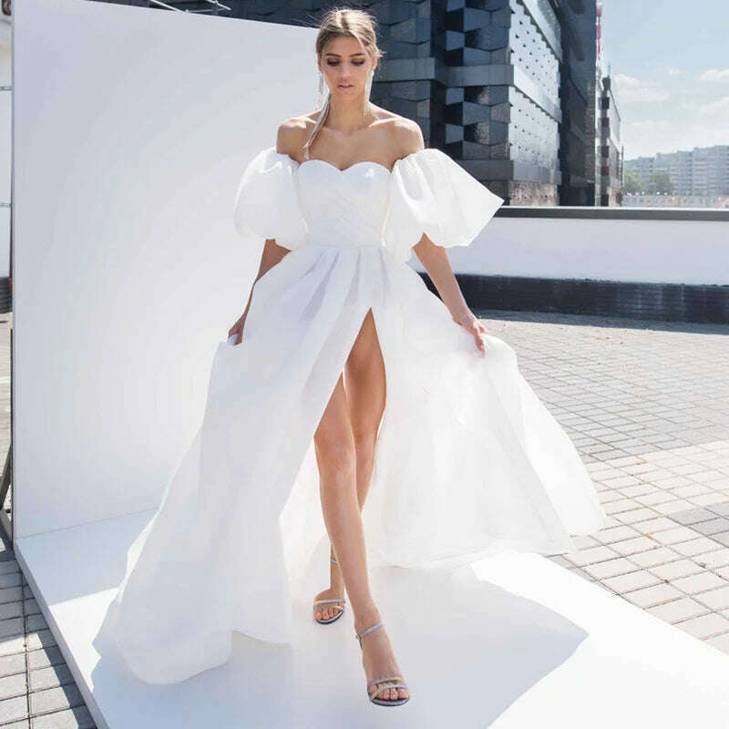 KIMLUD, White Cheap Wedding Dresses 2021 Short Puff Sleeve Bride Dress Plus Size High Split Side A Line Beach Wedding Gowns Sweetheart, KIMLUD Womens Clothes