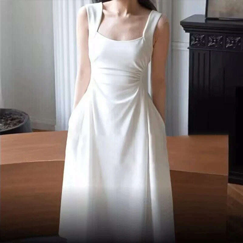 KIMLUD, White Square Neck Halter Midi Dress Women Summer Casual Sleeveless Seaside Vacation Beach Dresses with Pockets 2024 New, WHITE / S, KIMLUD Womens Clothes