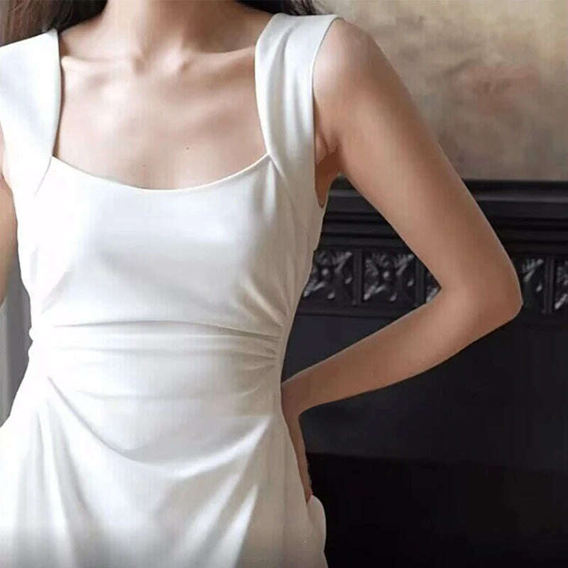 KIMLUD, White Square Neck Halter Midi Dress Women Summer Casual Sleeveless Seaside Vacation Beach Dresses with Pockets 2024 New, KIMLUD Womens Clothes