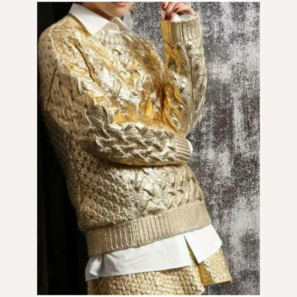 KIMLUD, Women Chic Sparkling Gold Pullover Sweater Fashion Long Sleeve O-neck Braid Jumper Top Female 2023 Fashion High Street Knitwear, KIMLUD Womens Clothes