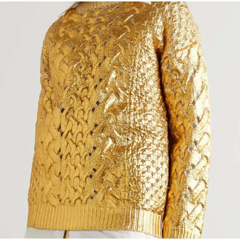 KIMLUD, Women Chic Sparkling Gold Pullover Sweater Fashion Long Sleeve O-neck Braid Jumper Top Female 2023 Fashion High Street Knitwear, KIMLUD Womens Clothes