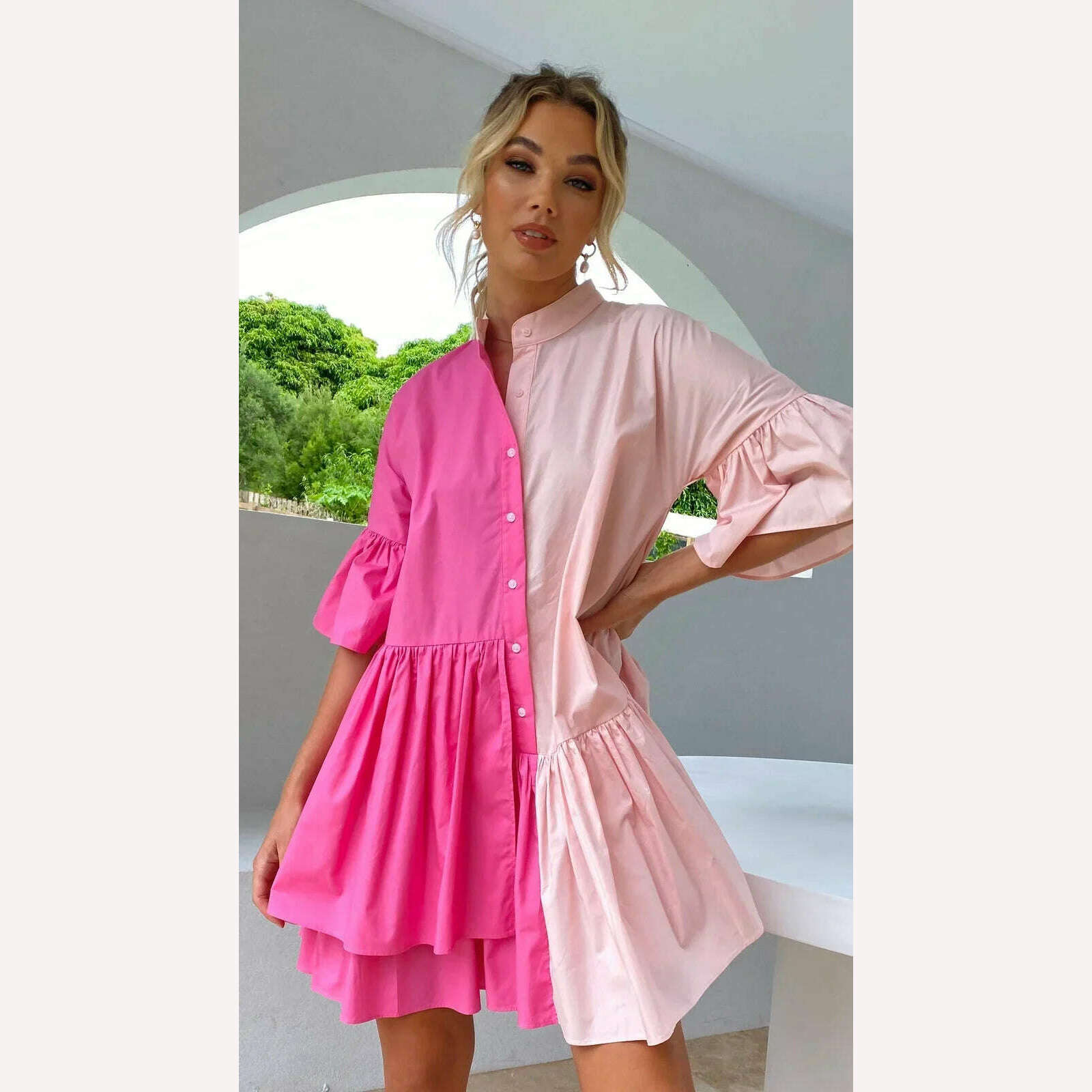 KIMLUD, Women Dresses Patchwork Tiered Ruffle Layer Floral Balloon Vintage Elegant Flared Half Sleeve O-Neck Dress Relaxed Mini Dresses, Pink / XS, KIMLUD Womens Clothes
