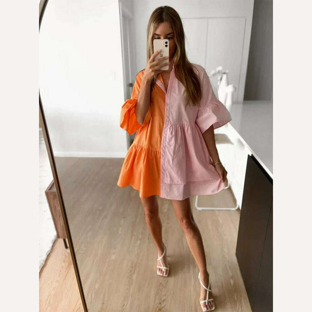 KIMLUD, Women Dresses Patchwork Tiered Ruffle Layer Floral Balloon Vintage Elegant Flared Half Sleeve O-Neck Dress Relaxed Mini Dresses, Orange / L, KIMLUD Womens Clothes