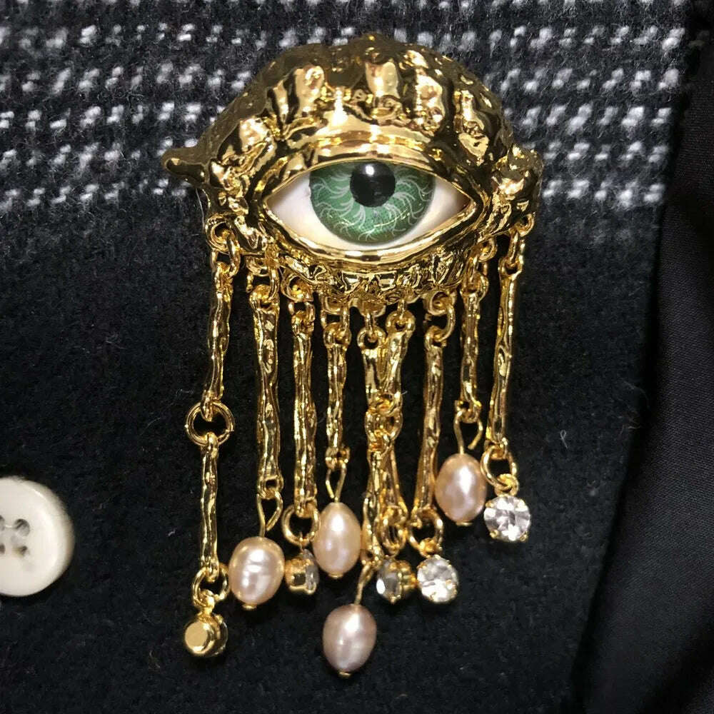 KIMLUD, Women Men Vintage Eyes of Demon Brooch Pins Exaggerated Trendy Style Imitated Pearl Delicate Tassels Metal Badge Jewelry, KIMLUD Womens Clothes
