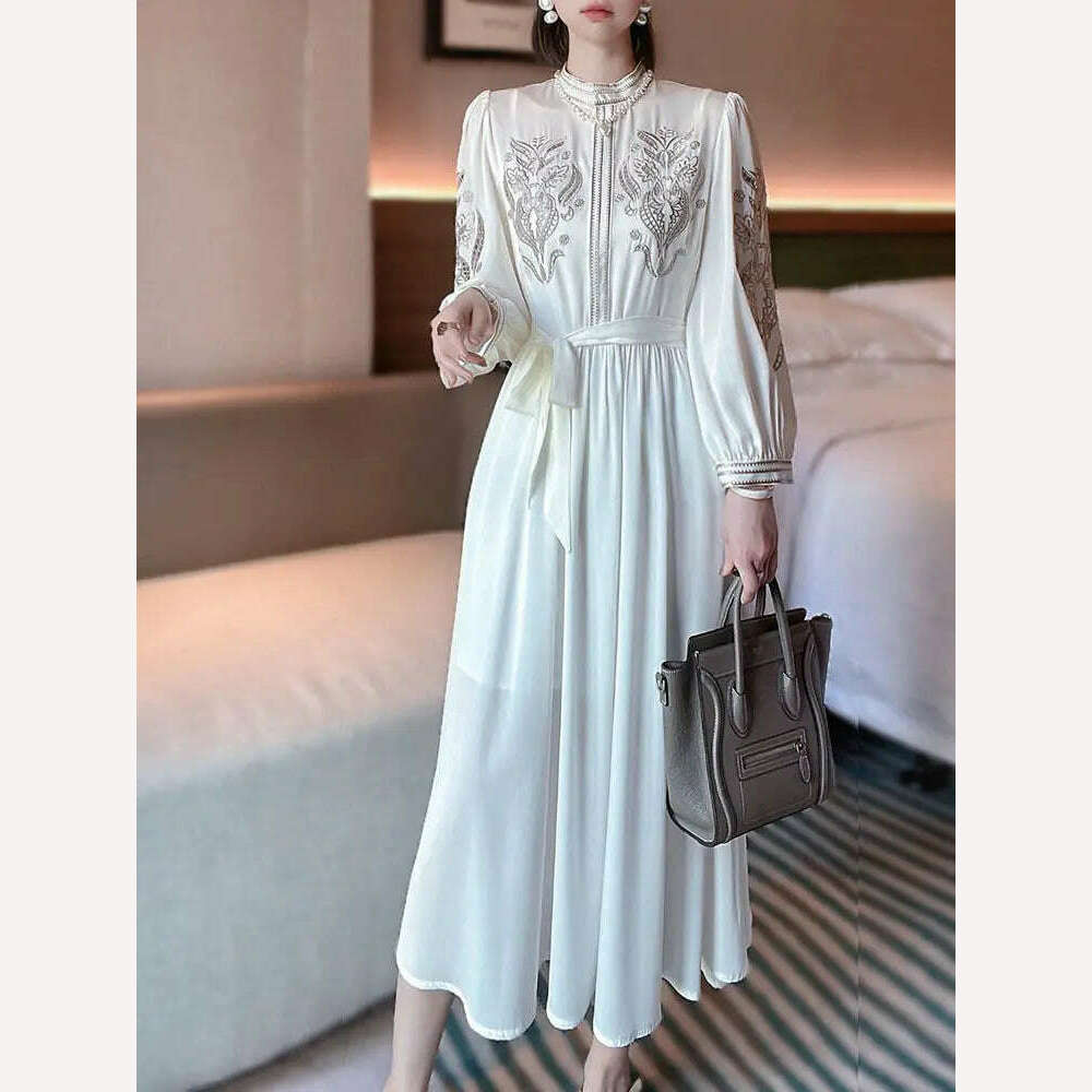 KIMLUD, Women New Fashion Stand Collar Lantern Sleeve White Elegant A-Line Hollow Out Vintage Casual Solid Belt Slim Long Maxi Dresses, KIMLUD Womens Clothes