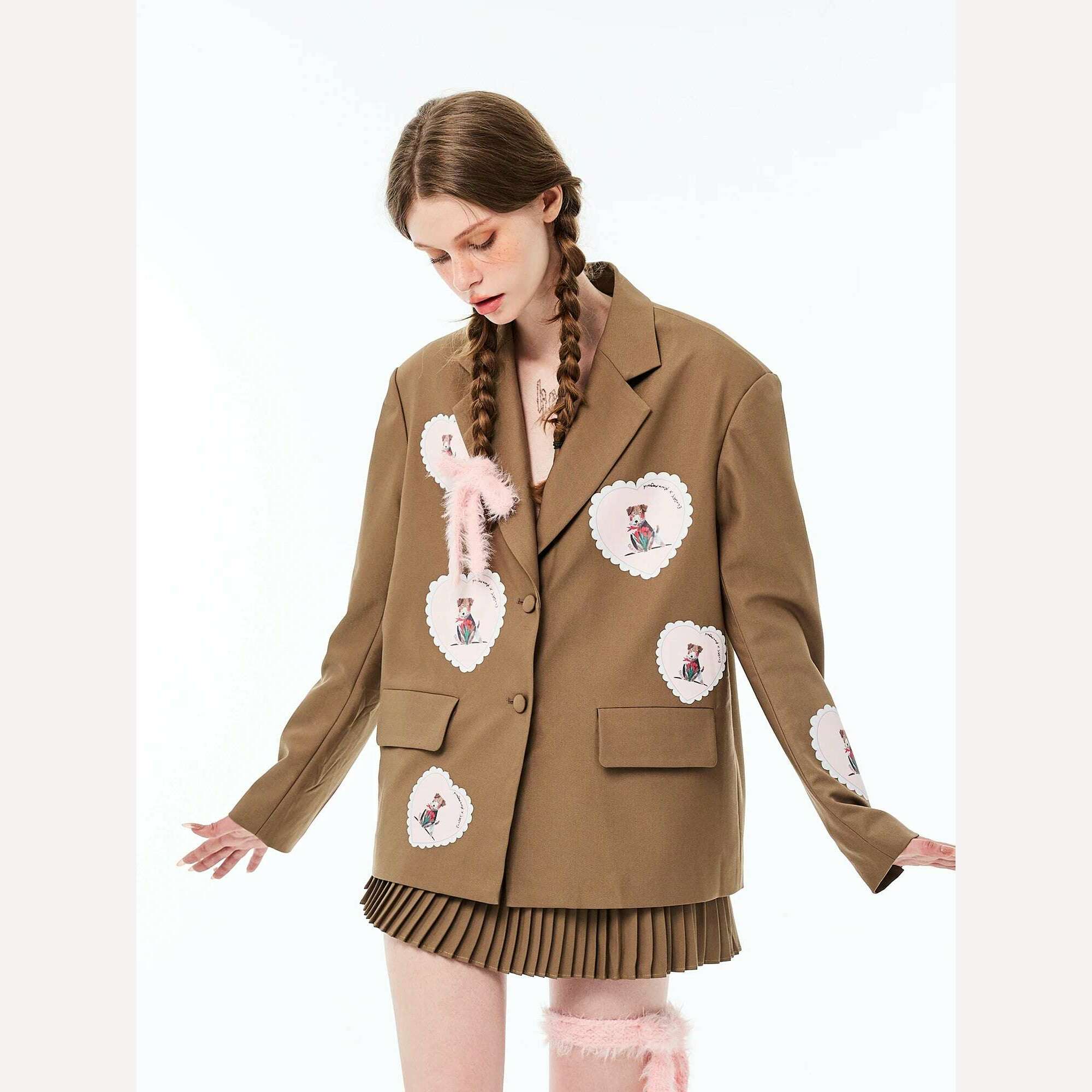 KIMLUD, Women's Design Suit Early Autumn Love Applique Loose Padded Shoulder High Sense Casual Suit Jacket, Brown (coat) / S, KIMLUD Women's Clothes
