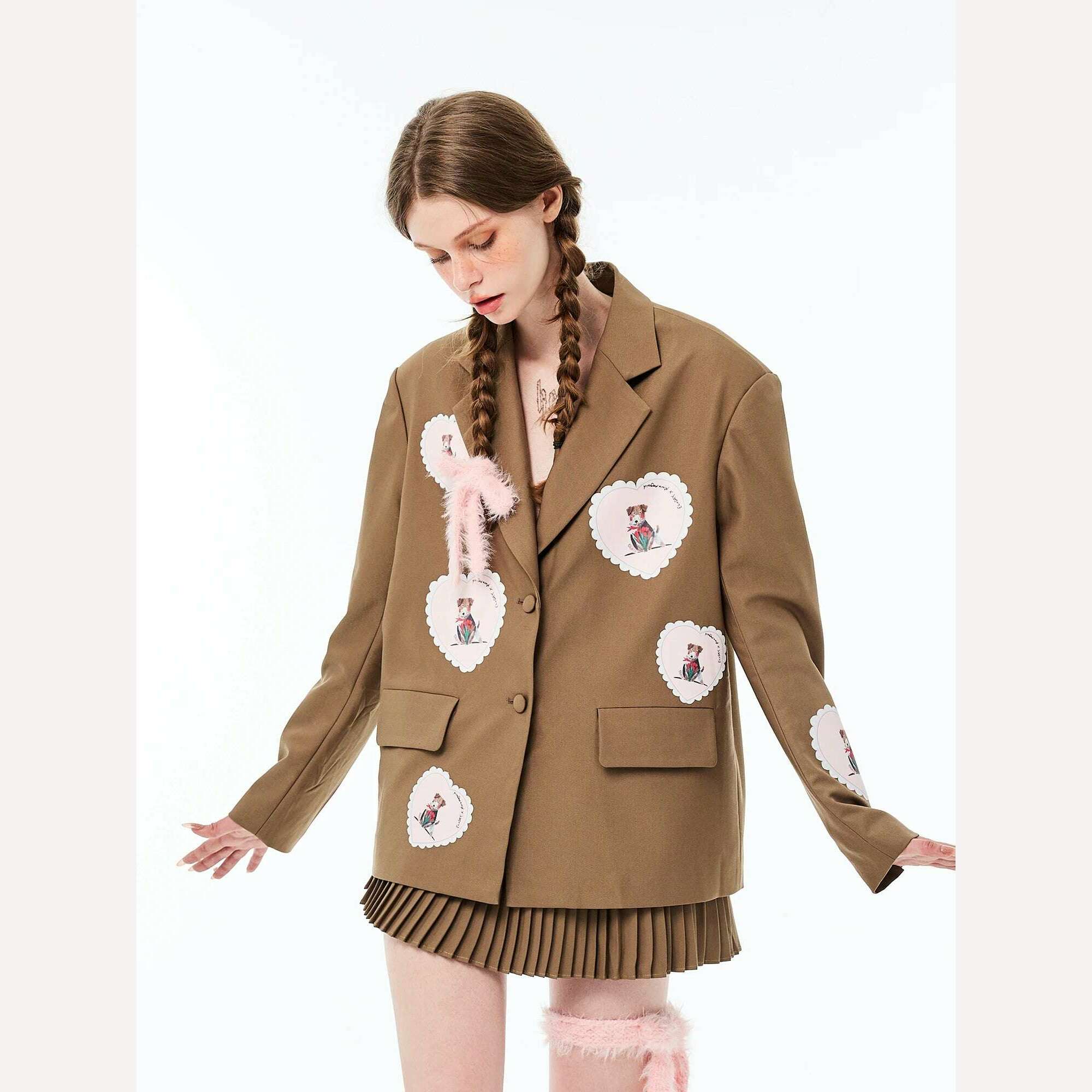 KIMLUD, Women's Design Suit Early Autumn Love Applique Loose Padded Shoulder High Sense Casual Suit Jacket, Brown (coat) / M, KIMLUD APPAREL - Womens Clothes