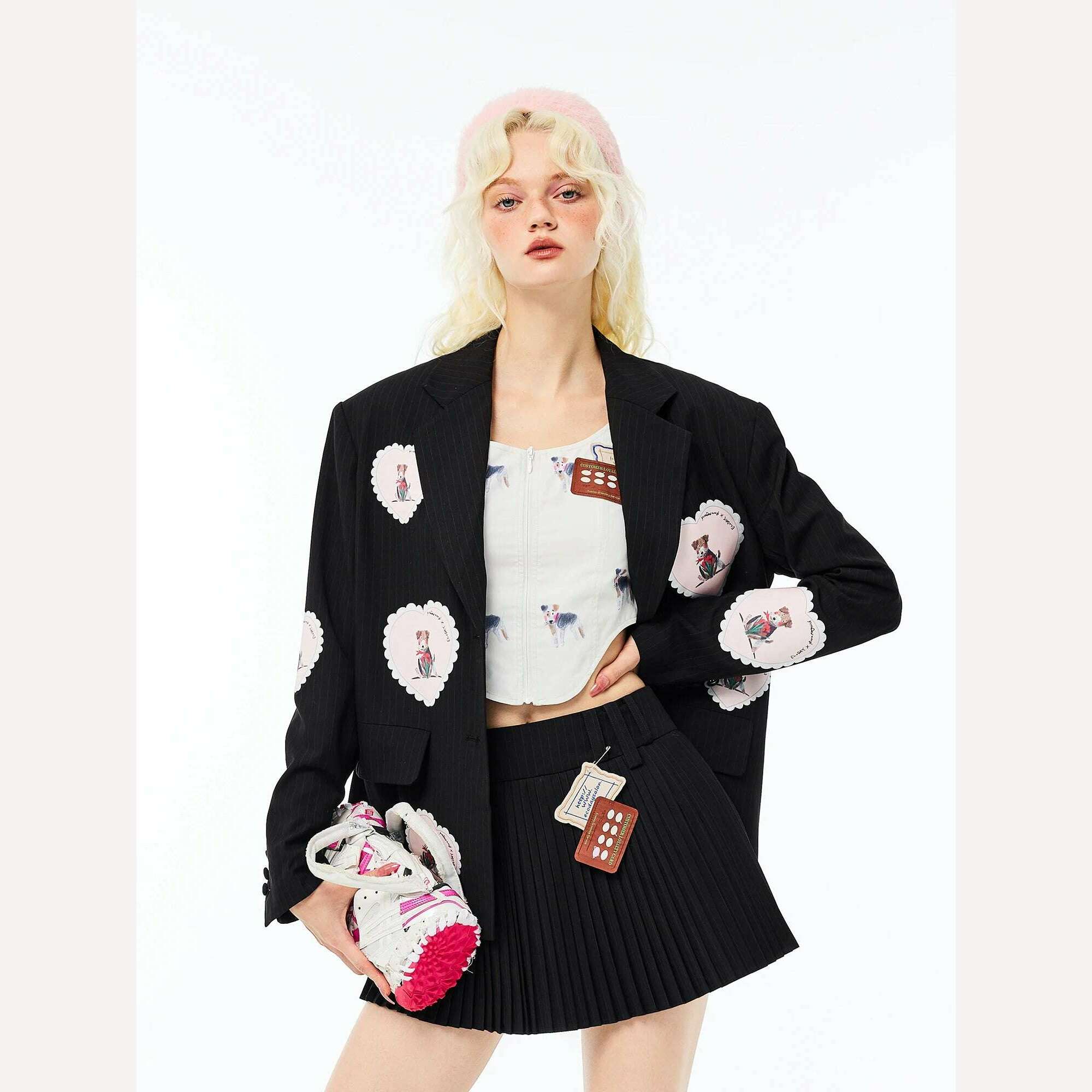 KIMLUD, Women's Design Suit Early Autumn Love Applique Loose Padded Shoulder High Sense Casual Suit Jacket, Black (coat) / S, KIMLUD Women's Clothes