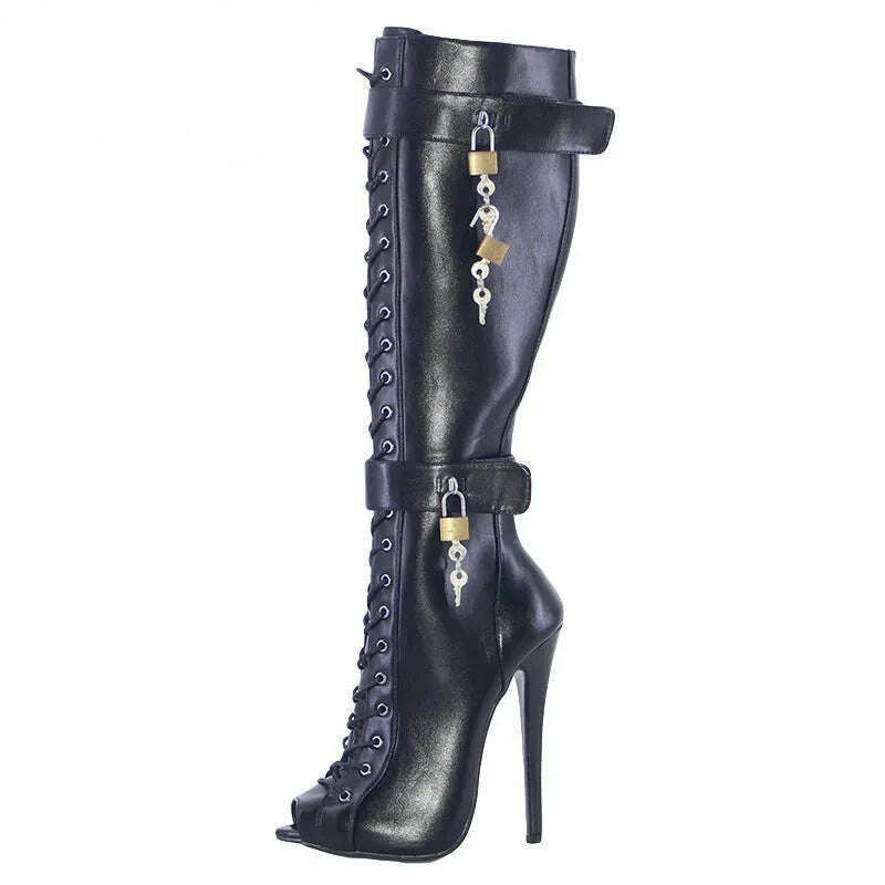 Wonderheel New 16cm Stiletto heel Matte Leather Sexy Peep Toe Nightclub Lockable Padlock Buckles Straps Knee High Boots Big Size - KIMLUD