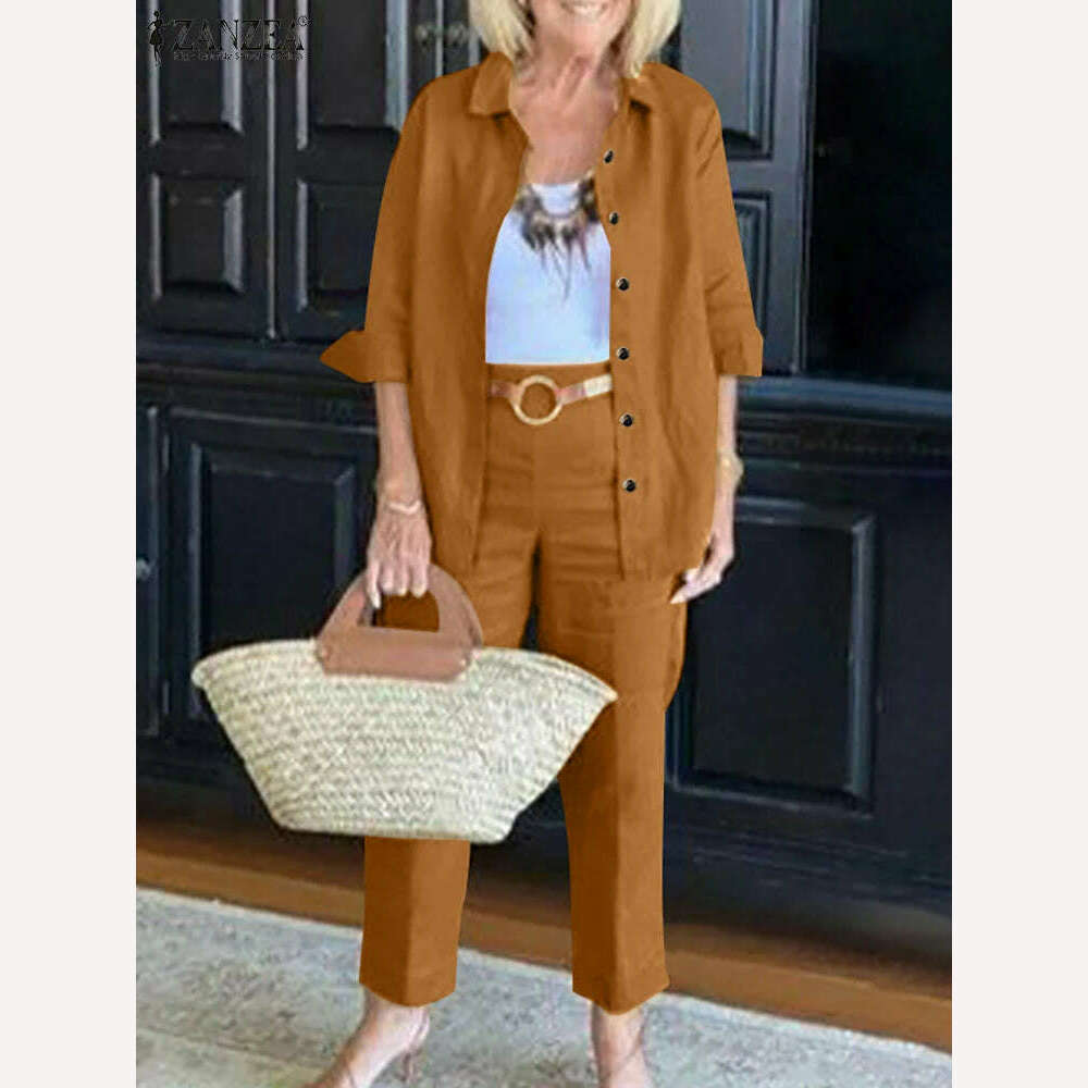 KIMLUD, ZANZEA Women Oversize Matching Sets Lapel 3/4 Sleeve Blouse Loose Pant Autumn Elegant Casual Suit Vintage Fashion Street Outfits, Yellow / 4XL, KIMLUD APPAREL - Womens Clothes
