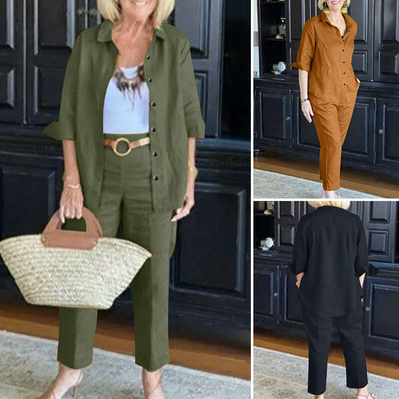 KIMLUD, ZANZEA Women Oversize Matching Sets Lapel 3/4 Sleeve Blouse Loose Pant Autumn Elegant Casual Suit Vintage Fashion Street Outfits, KIMLUD Womens Clothes