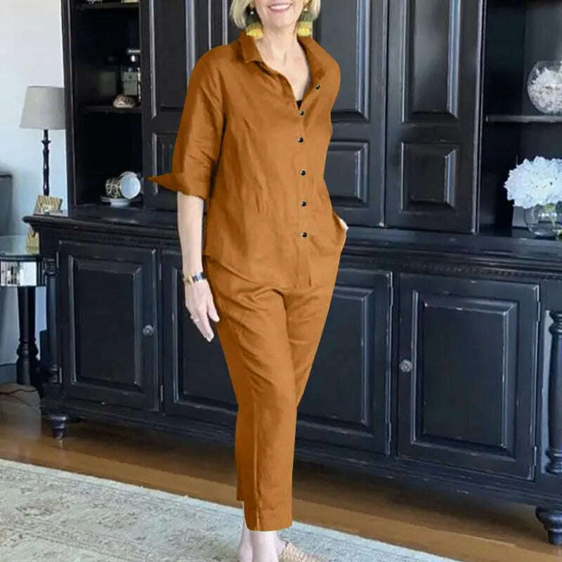 KIMLUD, ZANZEA Women Oversize Matching Sets Lapel 3/4 Sleeve Blouse Loose Pant Autumn Elegant Casual Suit Vintage Fashion Street Outfits, KIMLUD Womens Clothes
