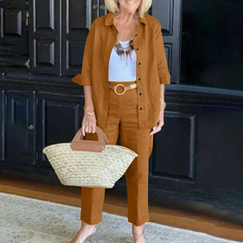 KIMLUD, ZANZEA Women Oversize Matching Sets Lapel 3/4 Sleeve Blouse Loose Pant Autumn Elegant Casual Suit Vintage Fashion Street Outfits, KIMLUD Womens Clothes