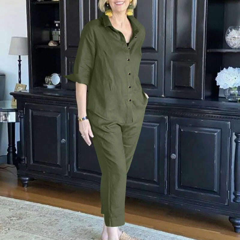 KIMLUD, ZANZEA Women Oversize Matching Sets Lapel 3/4 Sleeve Blouse Loose Pant Autumn Elegant Casual Suit Vintage Fashion Street Outfits, KIMLUD Womens Clothes