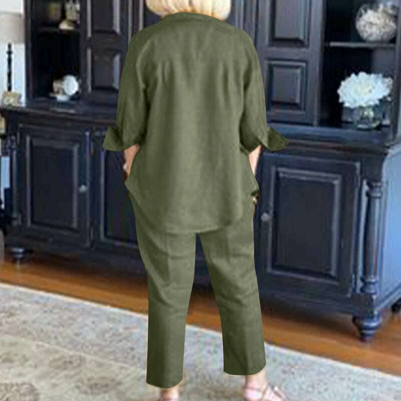 KIMLUD, ZANZEA Women Oversize Matching Sets Lapel 3/4 Sleeve Blouse Loose Pant Autumn Elegant Casual Suit Vintage Fashion Street Outfits, KIMLUD Womens Clothes