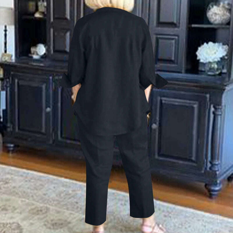 KIMLUD, ZANZEA Women Oversize Matching Sets Lapel 3/4 Sleeve Blouse Loose Pant Autumn Elegant Casual Suit Vintage Fashion Street Outfits, KIMLUD Womens Clothes