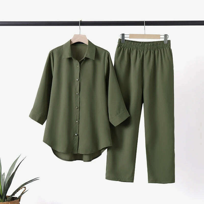 KIMLUD, ZANZEA Women Oversize Matching Sets Lapel 3/4 Sleeve Blouse Loose Pant Autumn Elegant Casual Suit Vintage Fashion Street Outfits, KIMLUD Womens Clothes