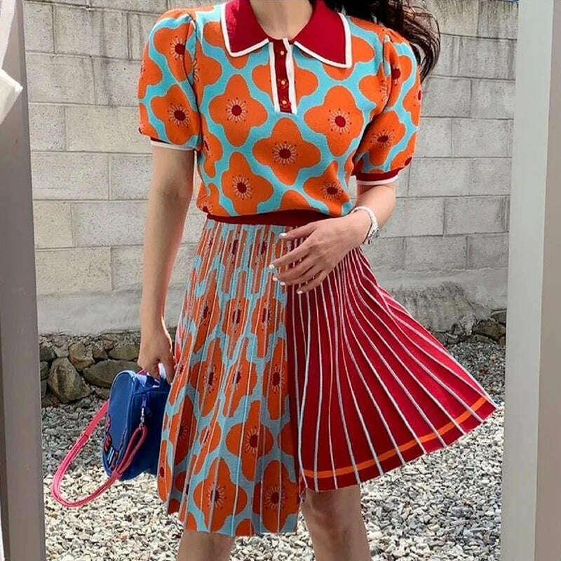 KIMLUD, [EWQ] women Summer Retro Lapel Loose Puff Sleeve Sweater + High Waist Pleated Skirt Contrast Color Suit Fashion Casual16F08400, Picture Color / One Size, KIMLUD APPAREL - Womens Clothes