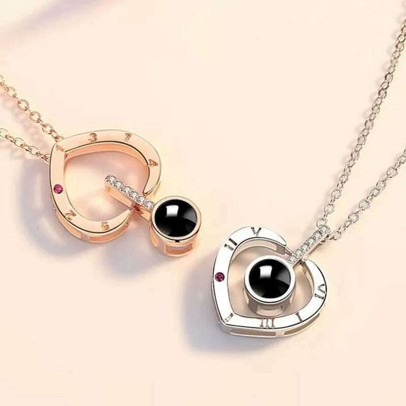 Projection Necklace Set With Rose Gift Box 100 Languages I Love You Heart Pendant Jewelry 2023 Hot Sale Accessories Dropshipping, KIMLUD Women's Clothes