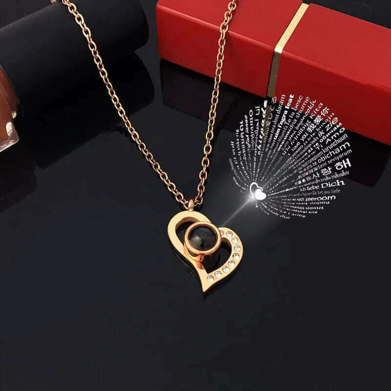 Projection Necklace Set With Rose Gift Box 100 Languages I Love You Heart Pendant Jewelry 2023 Hot Sale Accessories Dropshipping, KIMLUD Women's Clothes