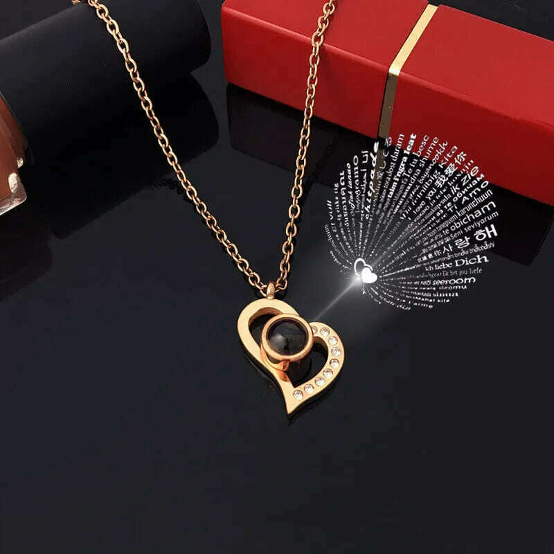 Projection Necklace Set With Rose Gift Box 100 Languages I Love You Heart Pendant Jewelry 2023 Hot Sale Accessories Dropshipping - KIMLUD