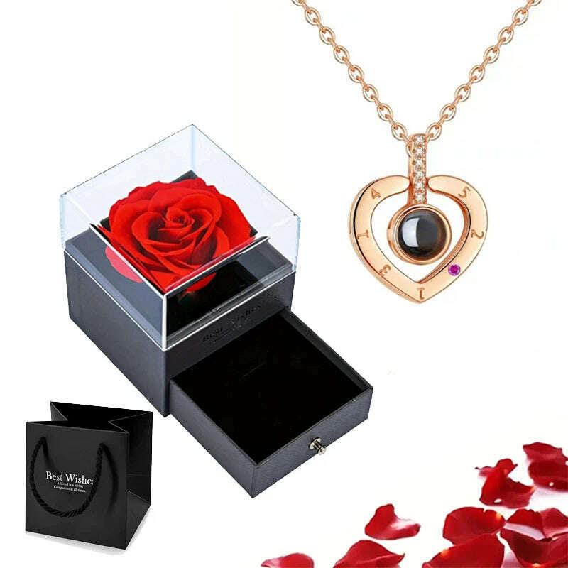 Projection Necklace Set With Rose Gift Box 100 Languages I Love You Heart Pendant Jewelry 2023 Hot Sale Accessories Dropshipping - KIMLUD