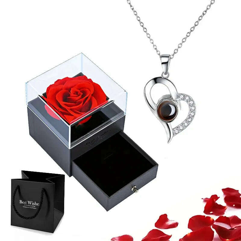 Projection Necklace Set With Rose Gift Box 100 Languages I Love You Heart Pendant Jewelry 2023 Hot Sale Accessories Dropshipping, silver-01, KIMLUD Women's Clothes