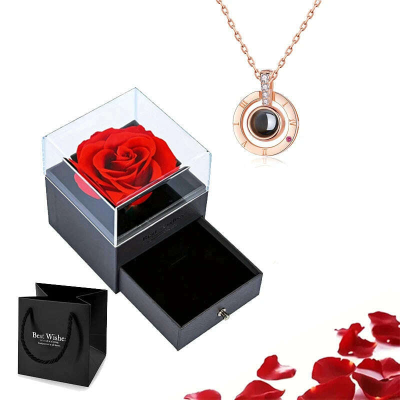 KIMLUD, Projection Necklace Set With Rose Gift Box 100 Languages I Love You Heart Pendant Jewelry 2023 Hot Sale Accessories Dropshipping, gold-03, KIMLUD Womens Clothes