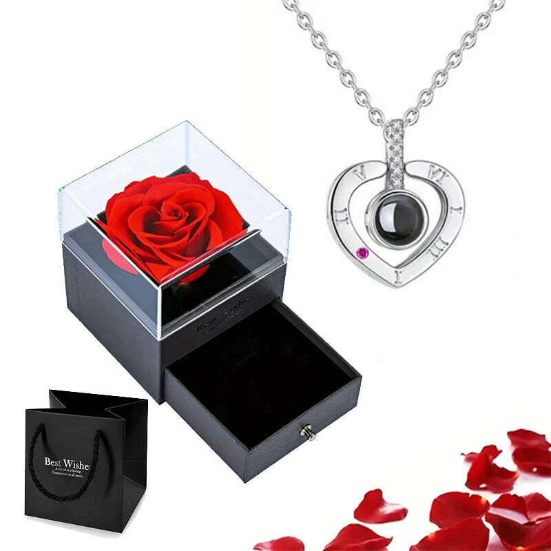 KIMLUD, Projection Necklace Set With Rose Gift Box 100 Languages I Love You Heart Pendant Jewelry 2023 Hot Sale Accessories Dropshipping, silver-02, KIMLUD Womens Clothes