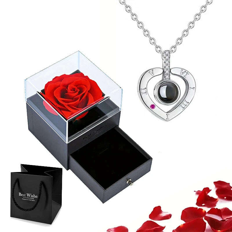 Projection Necklace Set With Rose Gift Box 100 Languages I Love You Heart Pendant Jewelry 2023 Hot Sale Accessories Dropshipping - KIMLUD