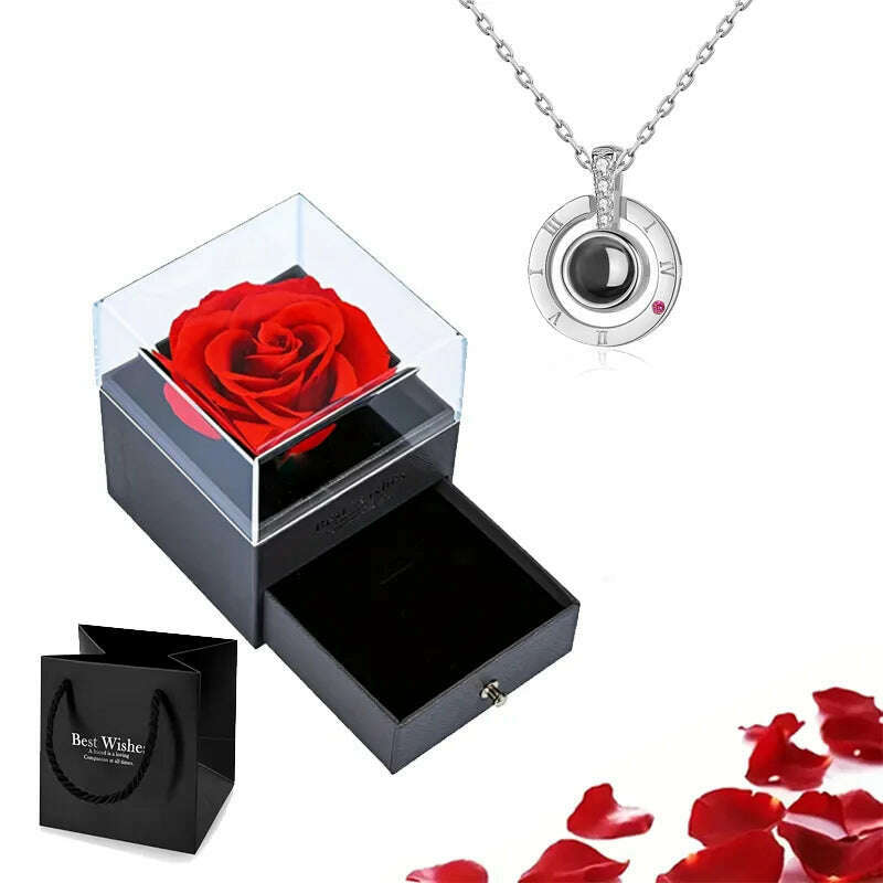 Projection Necklace Set With Rose Gift Box 100 Languages I Love You Heart Pendant Jewelry 2023 Hot Sale Accessories Dropshipping - KIMLUD