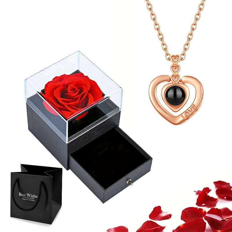 KIMLUD, Projection Necklace Set With Rose Gift Box 100 Languages I Love You Heart Pendant Jewelry 2023 Hot Sale Accessories Dropshipping, gold-04, KIMLUD Womens Clothes