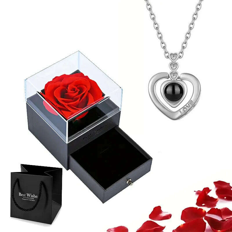 Projection Necklace Set With Rose Gift Box 100 Languages I Love You Heart Pendant Jewelry 2023 Hot Sale Accessories Dropshipping, silver-04, KIMLUD Women's Clothes