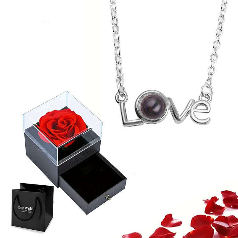 KIMLUD, Projection Necklace Set With Rose Gift Box 100 Languages I Love You Heart Pendant Jewelry 2023 Hot Sale Accessories Dropshipping, silver-06, KIMLUD Womens Clothes