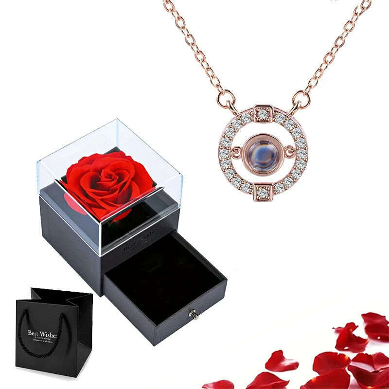 Projection Necklace Set With Rose Gift Box 100 Languages I Love You Heart Pendant Jewelry 2023 Hot Sale Accessories Dropshipping - KIMLUD
