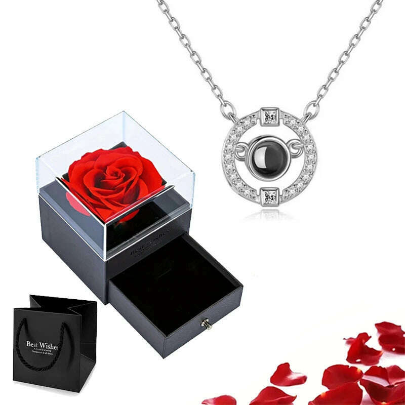 Projection Necklace Set With Rose Gift Box 100 Languages I Love You Heart Pendant Jewelry 2023 Hot Sale Accessories Dropshipping, silver-07, KIMLUD Women's Clothes