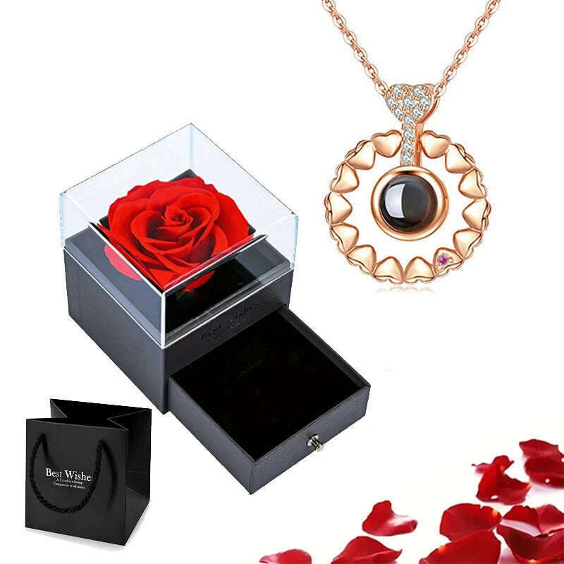 Projection Necklace Set With Rose Gift Box 100 Languages I Love You Heart Pendant Jewelry 2023 Hot Sale Accessories Dropshipping - KIMLUD