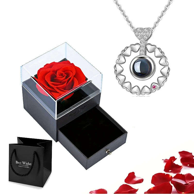 Projection Necklace Set With Rose Gift Box 100 Languages I Love You Heart Pendant Jewelry 2023 Hot Sale Accessories Dropshipping, silver-09, KIMLUD Women's Clothes