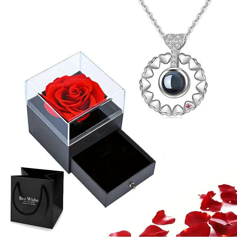 Projection Necklace Set With Rose Gift Box 100 Languages I Love You Heart Pendant Jewelry 2023 Hot Sale Accessories Dropshipping - KIMLUD