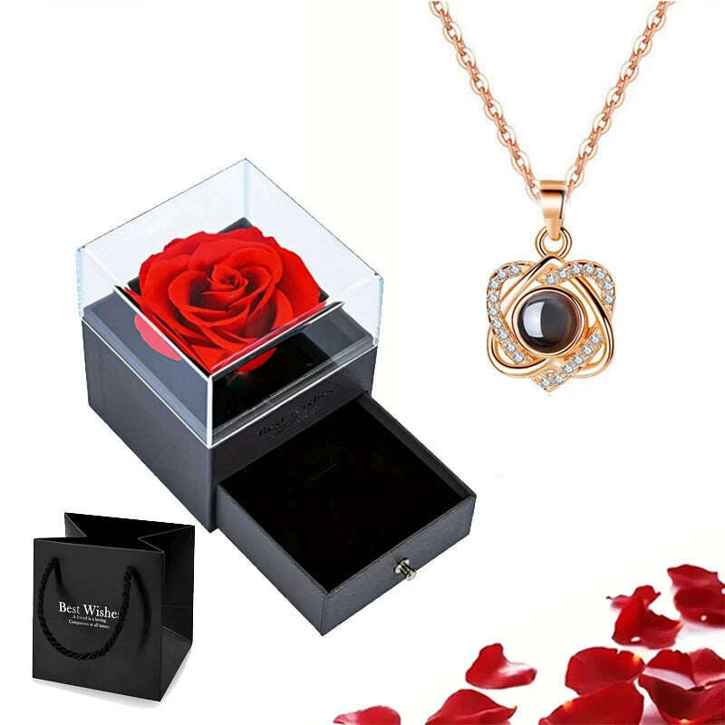 Projection Necklace Set With Rose Gift Box 100 Languages I Love You Heart Pendant Jewelry 2023 Hot Sale Accessories Dropshipping - KIMLUD