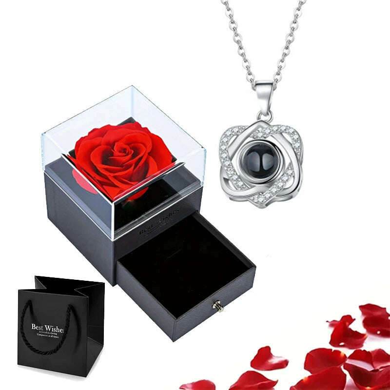 Projection Necklace Set With Rose Gift Box 100 Languages I Love You Heart Pendant Jewelry 2023 Hot Sale Accessories Dropshipping, silver-10, KIMLUD Women's Clothes