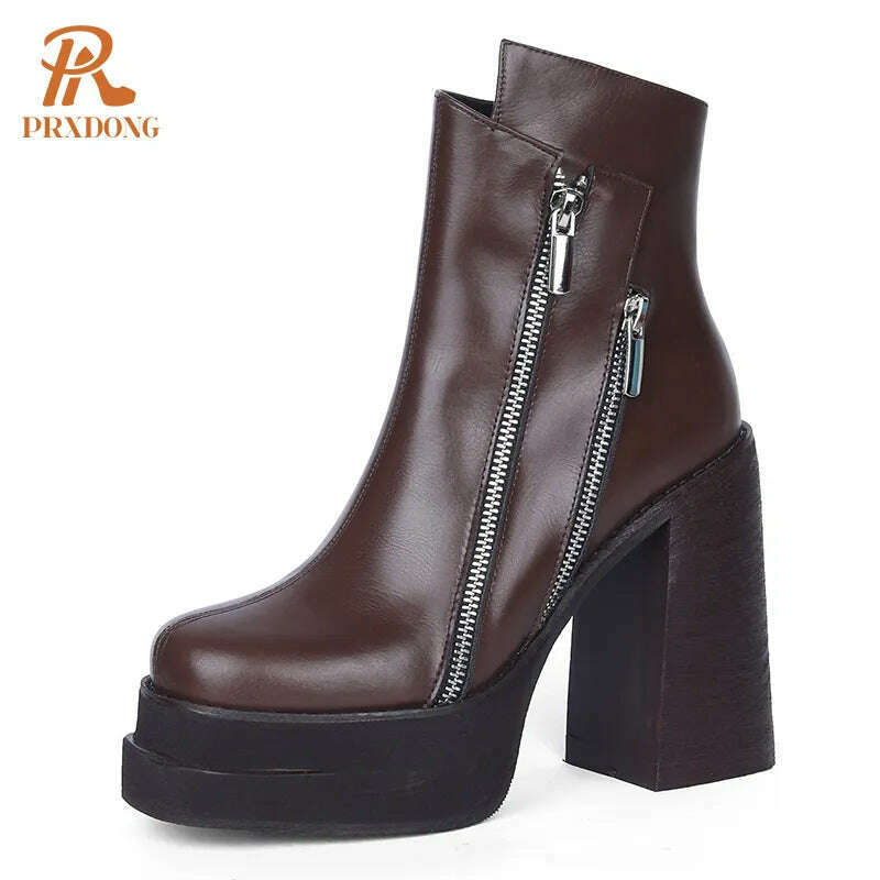 KIMLUD, PRXDONG 2023 Classic Women Ankle Boots Dress Working Autumn Winter Casual Thick High Heels Genuine Leather Shoes Woman Size 39, brown / 34 / China, KIMLUD Womens Clothes